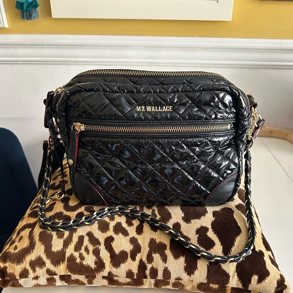 MZ Wallace Black Lacquer Crosby Quilted Crossbody Bag.
